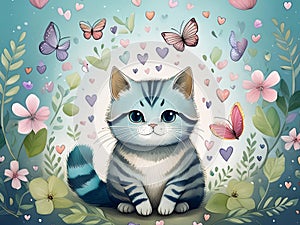 A cute cat with blue stripes, sitting on the ground surrounded by flowers and hearts in light sky blue colors