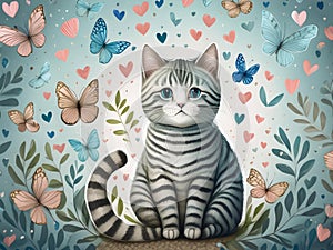 A cute cat with blue stripes, sitting on the ground surrounded by flowers and hearts in light sky blue colors