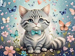 A cute cat with blue stripes, sitting on the ground surrounded by flowers and hearts in light sky blue colors