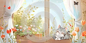 A cute cat with blue stripes, sitting on the ground surrounded by flowers and hearts in light sky blue colors