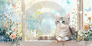 A cute cat with blue stripes, sitting on the ground surrounded by flowers and hearts in light sky blue colors