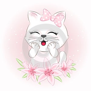 Cute Cat and bouquet animal watercolor illustration
