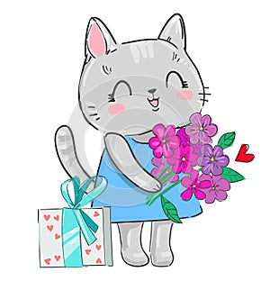 Cute cat with a bouquet of flowers and heart. Valentine\'s Day. Vector stock illustration