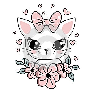Cute cat with bow and flowers. Doodle style Vector illustration