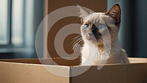 Cute cat, box in the apartment looking domestic