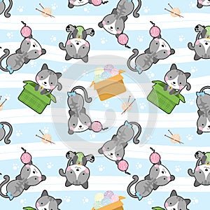 Cute cat in box vector seamless pattern