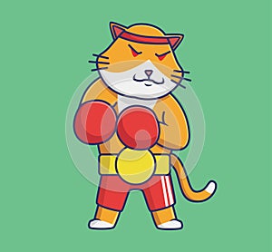 cute cat boxing red groves. cartoon animal sports concept Isolated illustration. Flat Style suitable for Sticker Icon Design