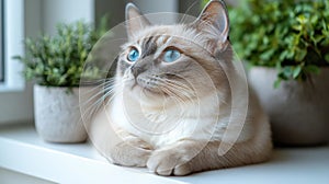 Cute Cat with Bright Blue Eyes Resting on a Shelf with Greenery photo