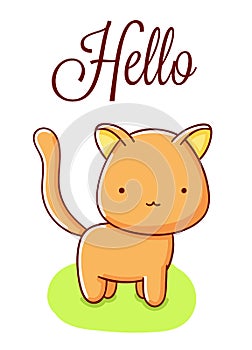 Cute cat with butterfly cartoon kawaii hello hand drawn isolated on white background