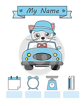 Cute cat in car. Baby birth print. Baby data template at birth.