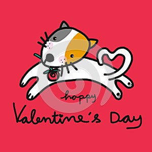Cute cat cartoon and Happy valentine`s day word illustration on red background