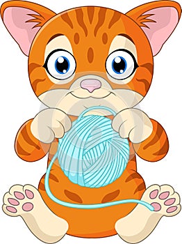 Cute cat cartoon playing with ball of yarn