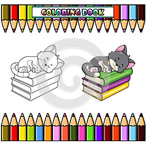 Cute cat cartoon sleeping on pile of books for coloring book
