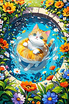 Cute cat in cartoon style, floating in the water, surrounded by the colorful flowers, garden, acrylic art, animal