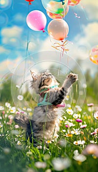 Cute cat catching helium balloons