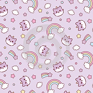 Cute Cat Caticorn or Kitten Unicorn vector seamless pattern