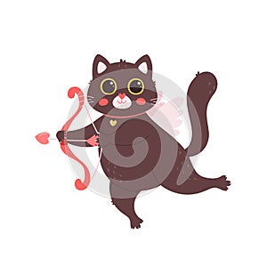 Cute cat character cupid cat with bow and arrow. Valentines Day greeting card. Love, romantic, wedding, Valentines day