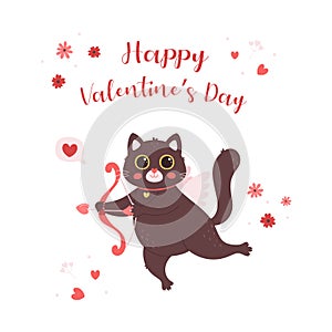 Cute cat character cupid cat with bow and arrow. Valentines Day greeting card. Love, romantic, wedding, Valentines day