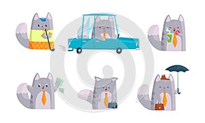 Cute Cat Character Doing Business at Work Vector Set