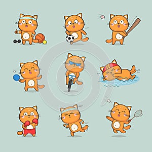 Cute cat character doing different sports