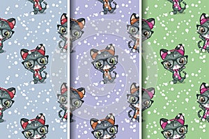 cute cat christmas greeting card. seamless pattern