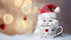 Cute cat with Christmas hat and cup of coffee on bokeh background