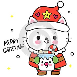 Cute Cat with Christmas hot chocolate snowman cup (happy new year kids) animal kawaii kitten vector for fairy tale book.