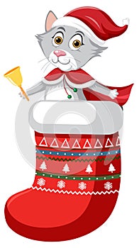 Cute cat in Christmas stocking in cartoon style