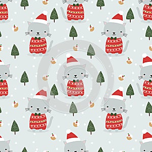 Cute cat in Christmas theme seamless pattern