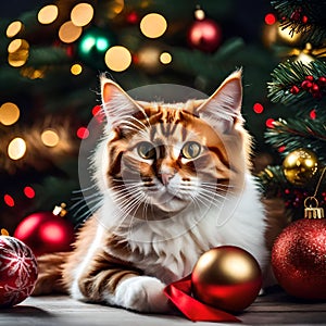 Cute cat with christmas tree and xmas decorations