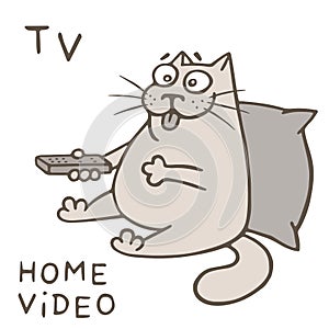 Cute cat with control panel watching home video. Vector illustration
