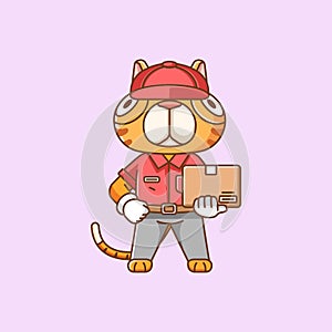Cute cat courier package delivery animal chibi character mascot icon flat line art style illustration concept cartoon