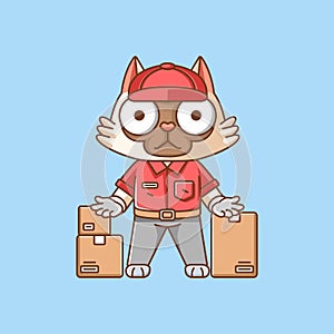 Cute cat courier package delivery animal chibi character mascot icon flat line art style illustration concept cartoon