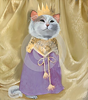 Cute cat in crown and royal robes