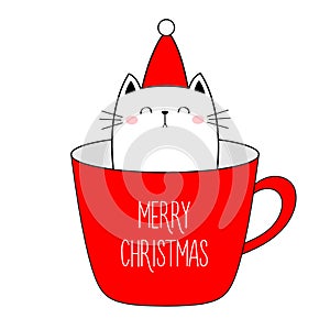 Cute cat in cup of coffee tea. Merry Christmas Happy New Year. Red Santa hat. Funny kawaii doodle animal. Line kitten kitty.