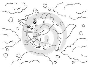 Cute cat cupid. Coloring book page for kids. Cartoon style character. Vector illustration isolated on white background. Valentine