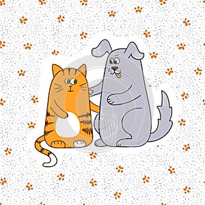 Cute cat and dog. Doodle vector illustration.
