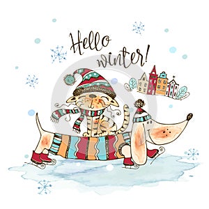 Cute cat and dog in a knitted hat and scarves walk in winter. Graphics and watercolors. Doodle style