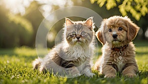 Cute cat dog lawn grass adorable animal puppy sunny friendly fluffy