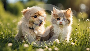 Cute cat dog lawn grass adorable animal puppy sunny friendly funny field summer small together mammal