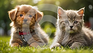 Cute cat and dog lawn grass animal puppy friendly funny summer small