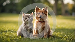 Cute cat dog lawn grass animal puppy friendly funny summer small together