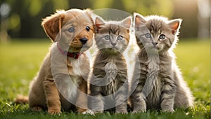 Cute cat and dog lawn grass animal puppy friendly funny summer small together