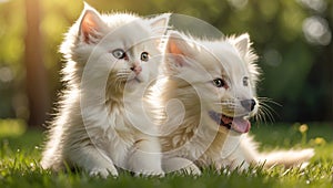 Cute cat dog lawn grass animal puppy friendly funny summer small together mammal