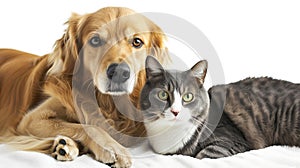 cute cat and dog lie on a white background