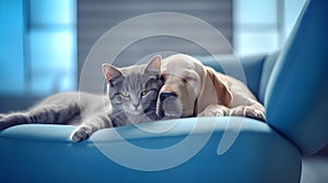 Cute cat and dog lying on a blue sofa at home.