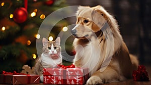Cute cat and dog near the Christmas tree and gifts. Merry Christmas and Happy New Year concept.