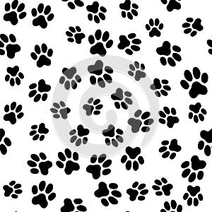 Cute cat or dog paw seamless pattern. Repeating cartoon black dog or cat on white