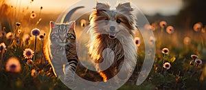 Cute cat and dog playing in the meadow at sunset