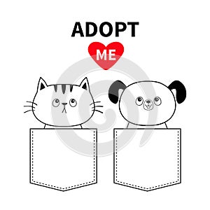 Cute cat dog sitting in the pocket. Adopt me. Red heart. Cartoon animals. Kitten kitty puppy character. Dash line. Pet animal coll